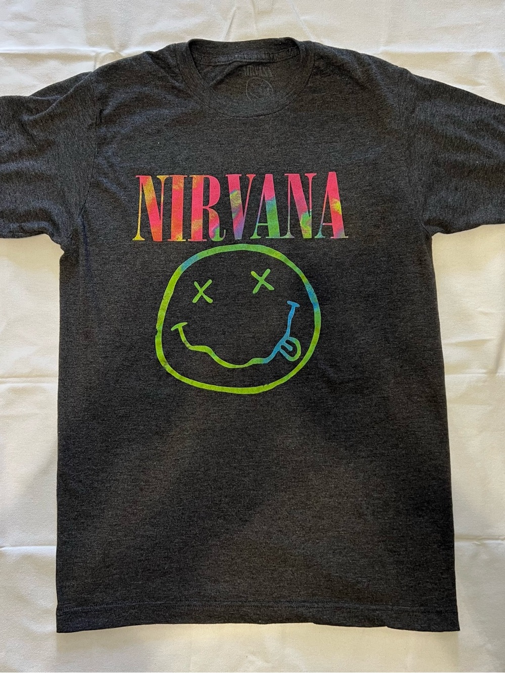 Woman’s Nirvana Smiley Face Tie-Dye Logo T-Shirt Heather Gray Graphic Band Tee M